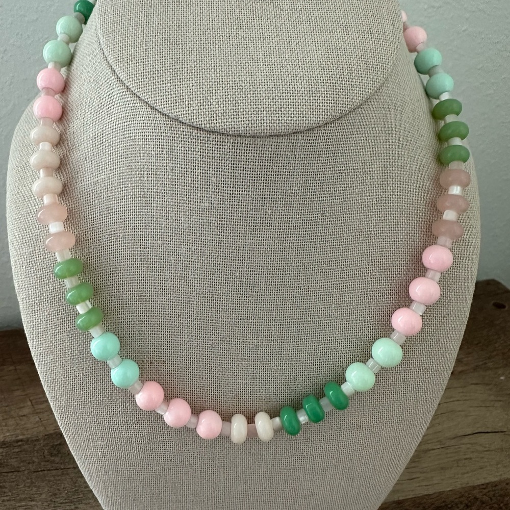 Green and Pink Pastel Beaded Necklace handmade 17” new
